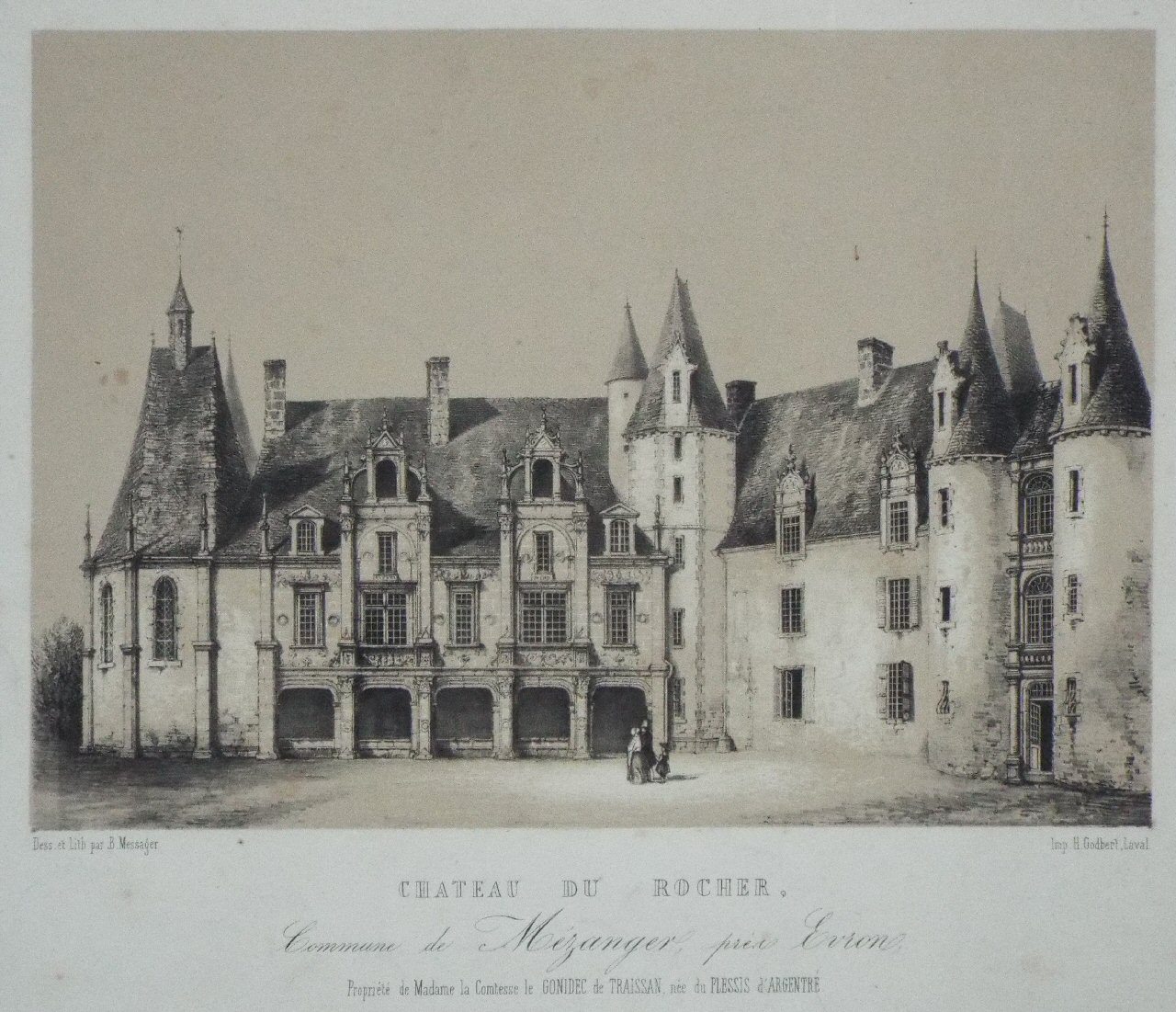 Lithograph - Chateau de Rocher, Commune de Mezanger pres Evron - Messager